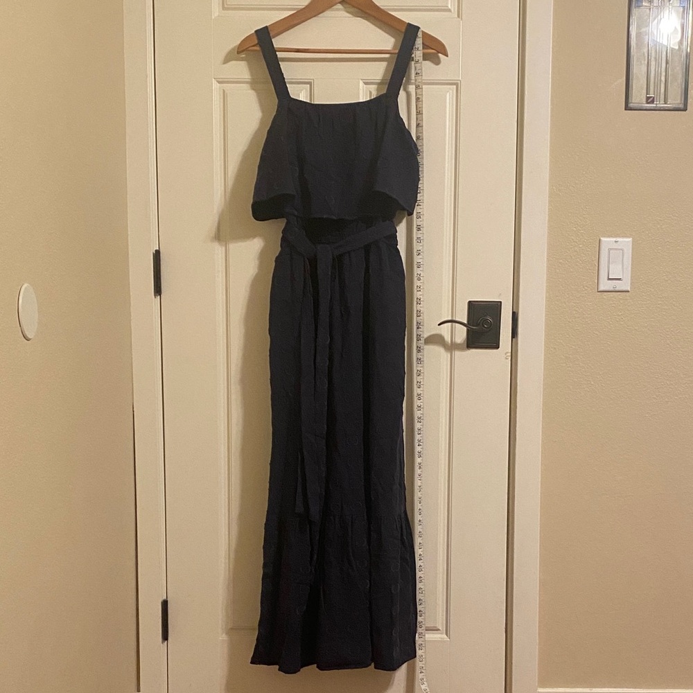 1901 Ruffle Navy Polka Dot Textured Maxi Dress